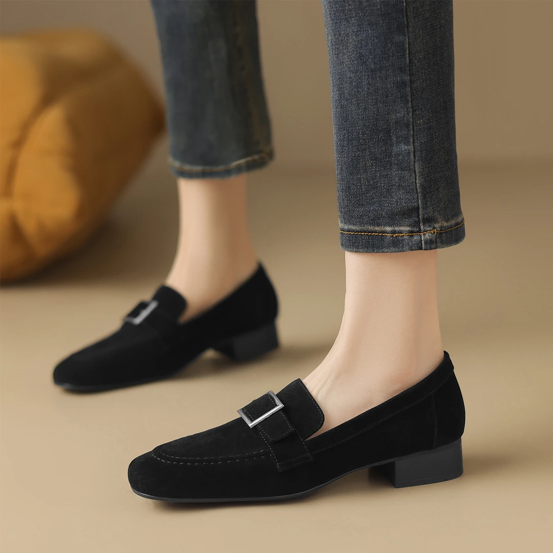 星期六2025春秋百搭黑色通勤鞋粗跟英伦风方头软底女生单鞋低跟鞋