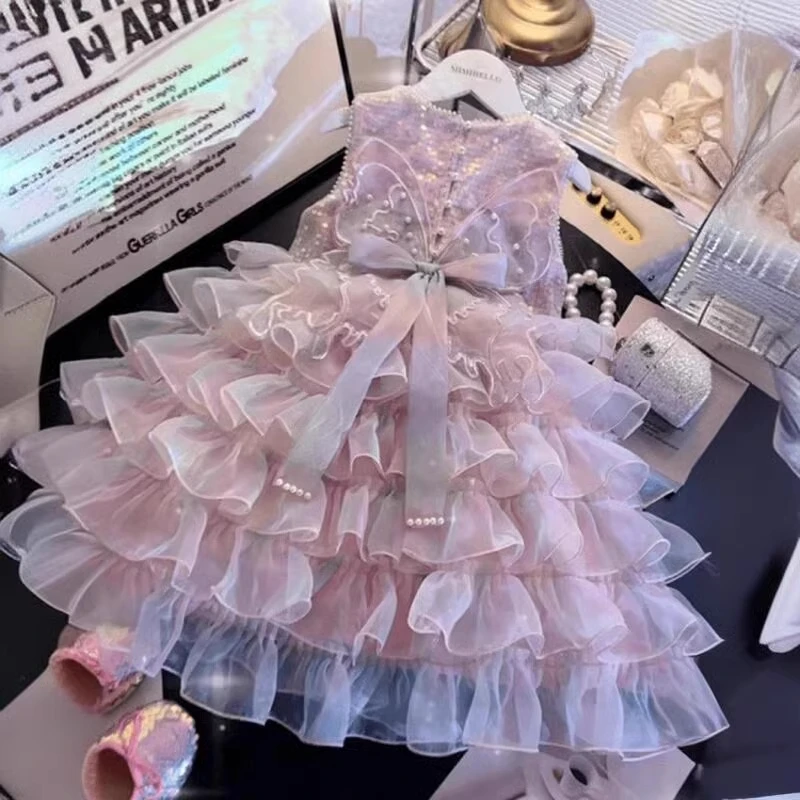女童连衣裙夏装新款洋气女孩高端镶钻花边蓬蓬裙子礼服蝴蝶公主裙