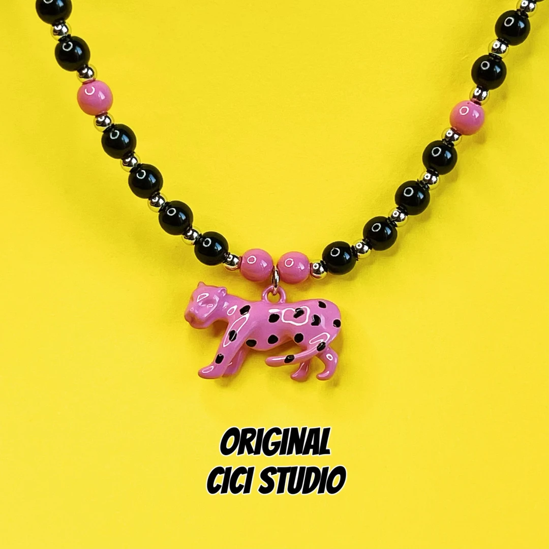 铜合金项链 CICI STUDIO小众玫红色精工豹子ins串珠项链情侣
