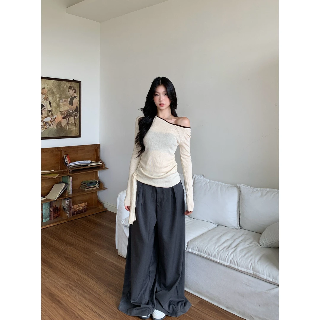 withmin凉皮 中腰灰色直筒百搭秋冬设计感休闲裤女2523790现货