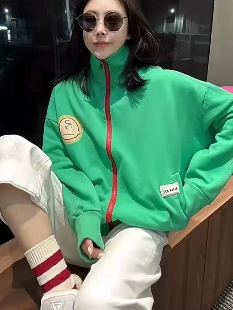 韩系chic慵懒风拉链开衫卫衣外套女春秋款时尚别致宽松多巴胺上衣