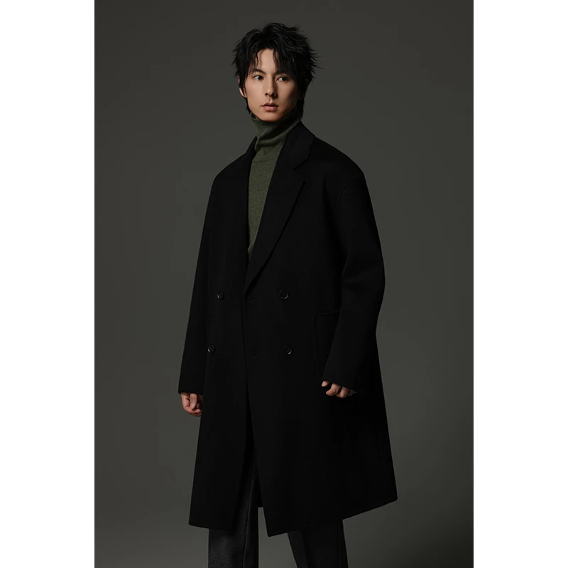 男士大口袋宽松休闲双面百分百羊毛大衣秋冬中长款厚款毛呢外套59