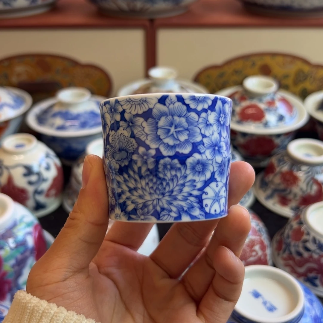 柴窑手绘万花竹节杯