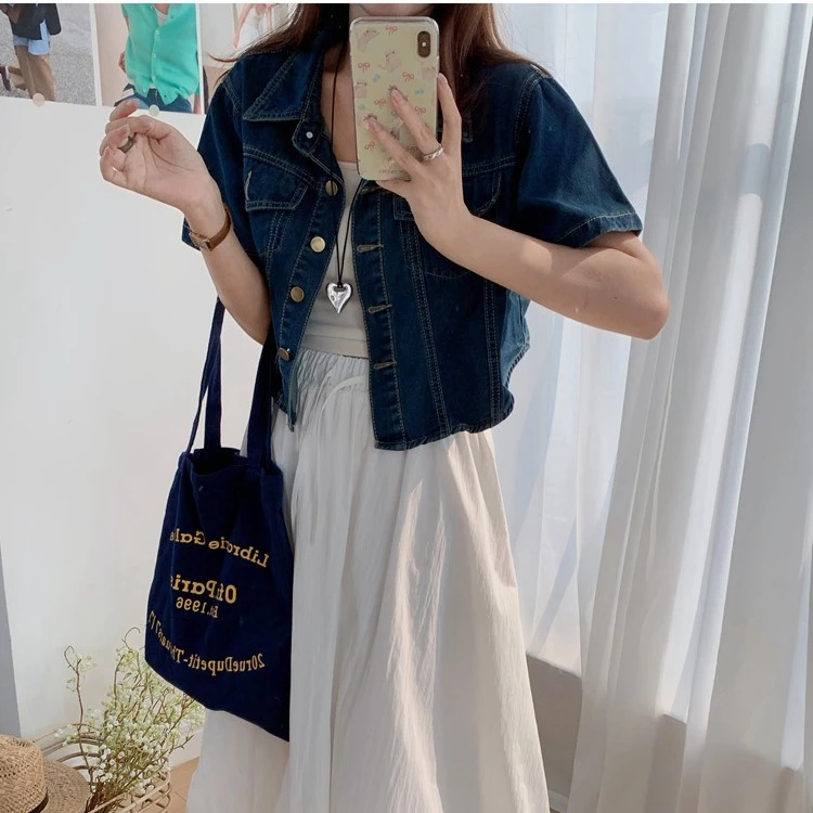 复古单排扣牛仔短外套女无袖上衣百搭外设计感休闲ins潮宽松夹克