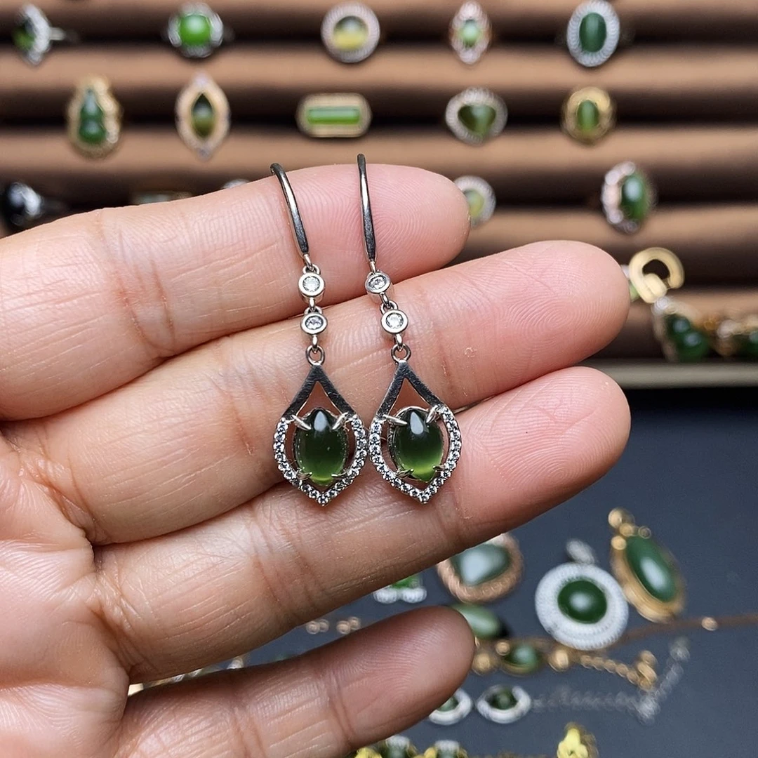 吊坠(不含链)银S925镶嵌和田玉（碧玉）耳饰