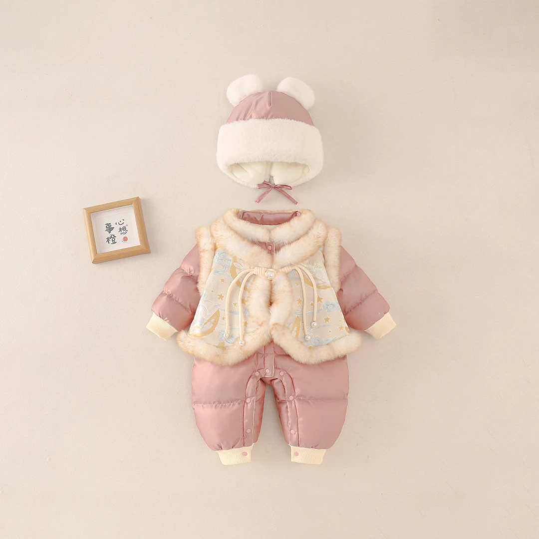 【玉兔呈祥】婴儿冬装加厚男女宝宝连体百天周服冬季汉服国风外出服