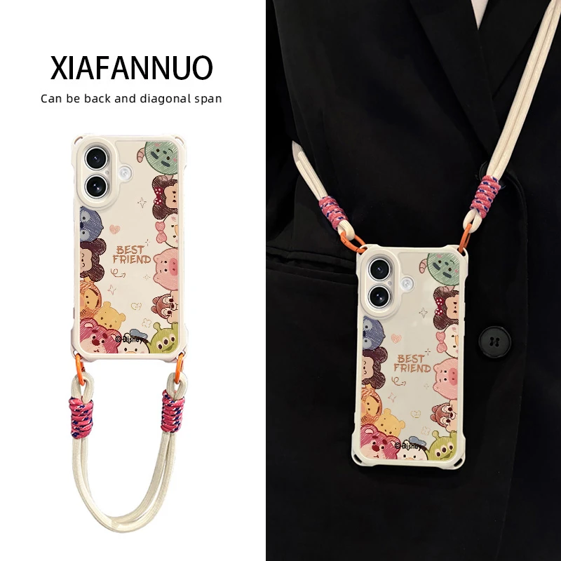 适用苹果17手机壳iPhone16promax透明air四角防摔带挂绳斜挎卡通