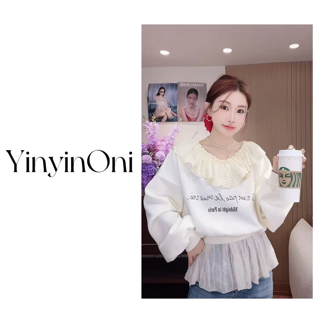 茵茵欧尼（春日来信）荷叶领套头蕾丝拼接卫衣韩版女装长袖印花春