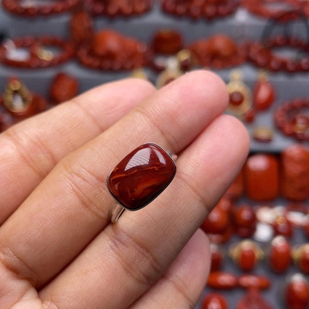 南红玛瑙银S925镶嵌珠宝奇石戒指