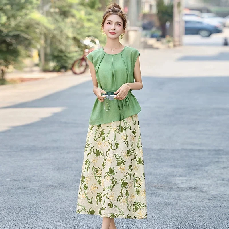 时尚系带收腰套装女夏季显瘦印花半身裙两件套8819#衣长58裙长90