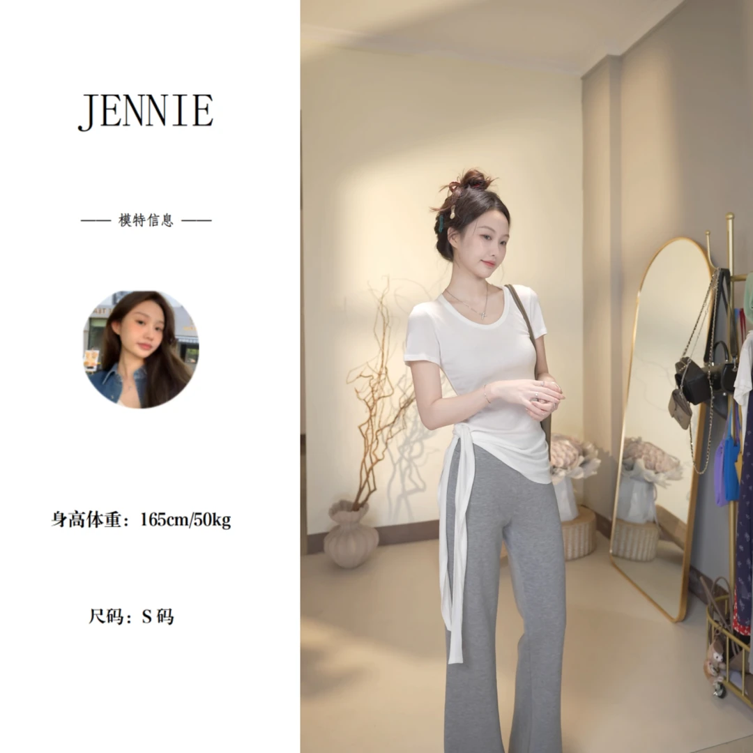 设计感绑带飘带收腰修身纯欲U型领夏季短袖不规则薄款透感T上衣