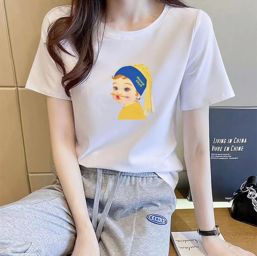夏季个性时髦短袖t恤江南风百搭时尚圆领休闲半袖印花-俏皮女孩