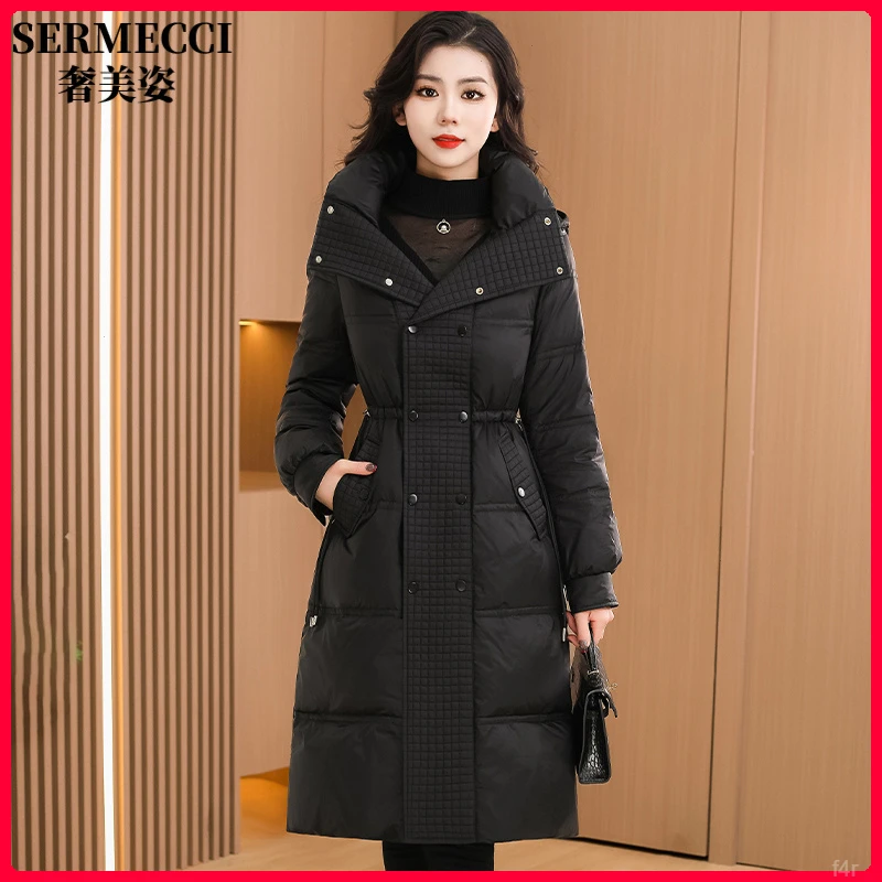 款冬2025年新款时尚洋气高端奢华品牌中长款羽绒服女修身平滑外套