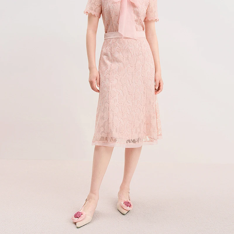 珂莱蒂尔2025新款夏季小香风裙粉色蕾丝套装女半裙KW03727