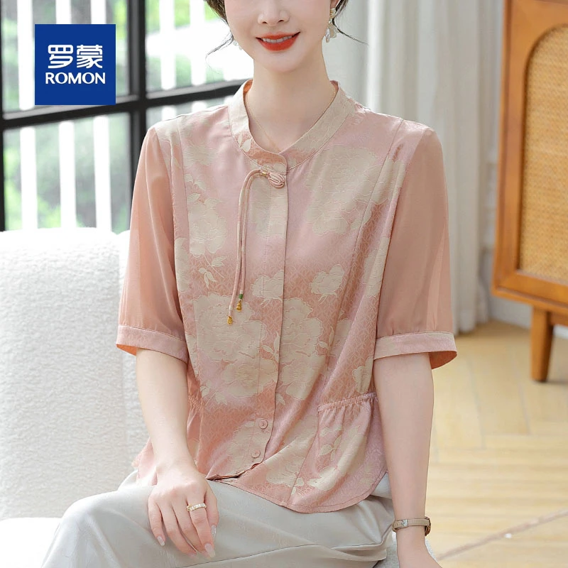 罗蒙新中式妈妈夏装短袖小衫套装2025新款中老年国风雪纺衫上衣女