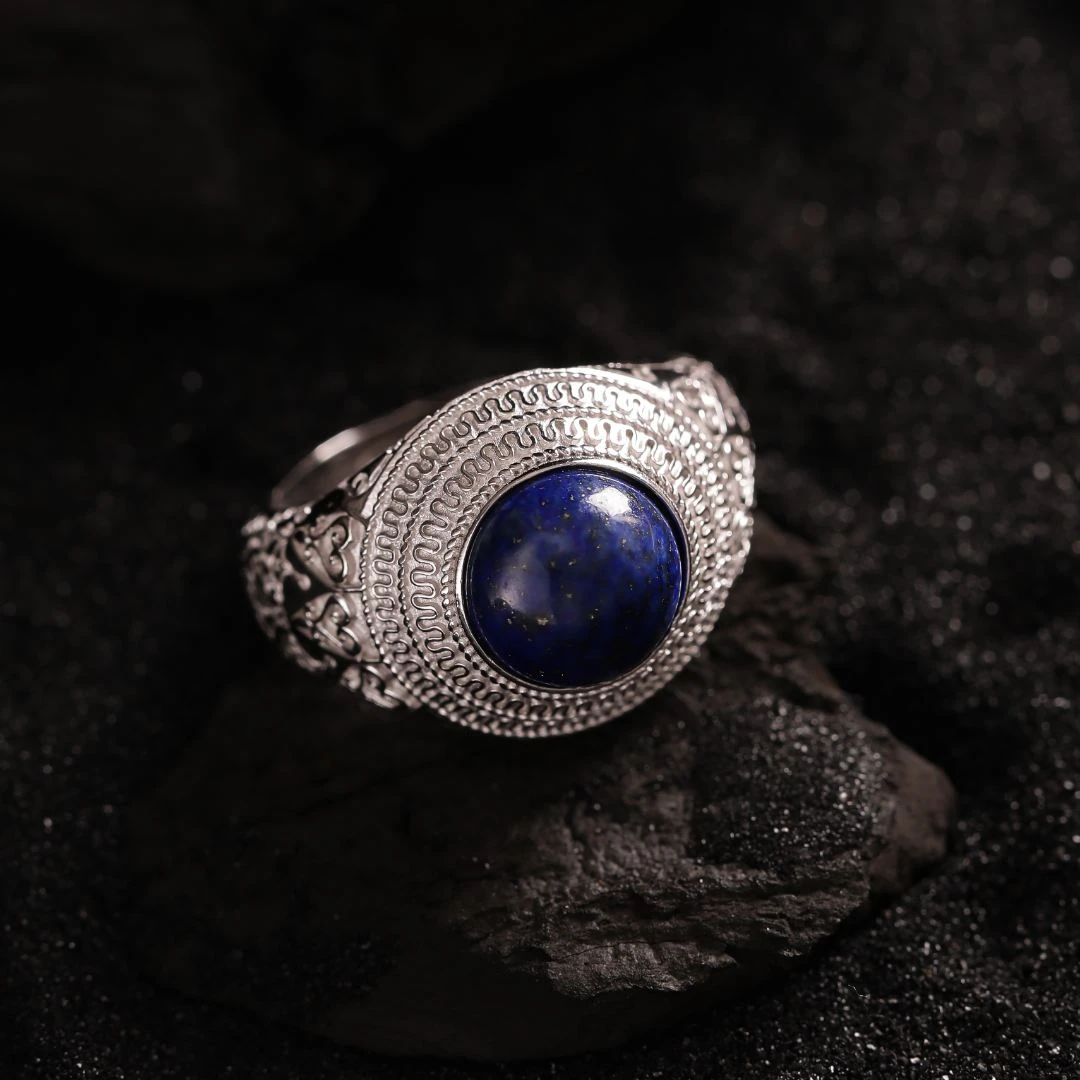 足银戒指 大头姐J13272 青青蓝色珠珠雕刻圆形大戒指