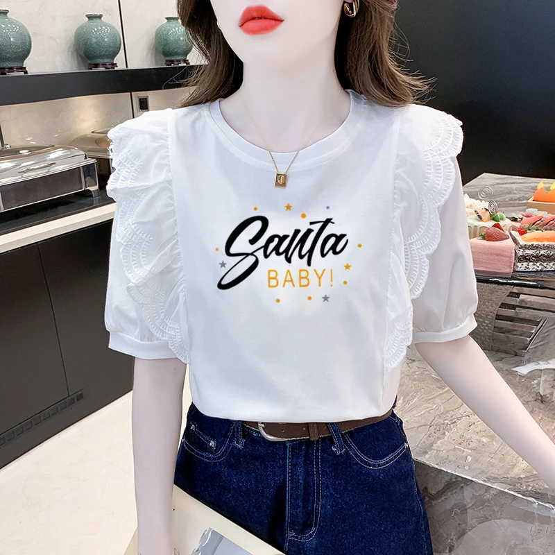 白色夏季新款韩版圆领印花棉质T恤荷叶边甜美百搭个性短袖上衣潮