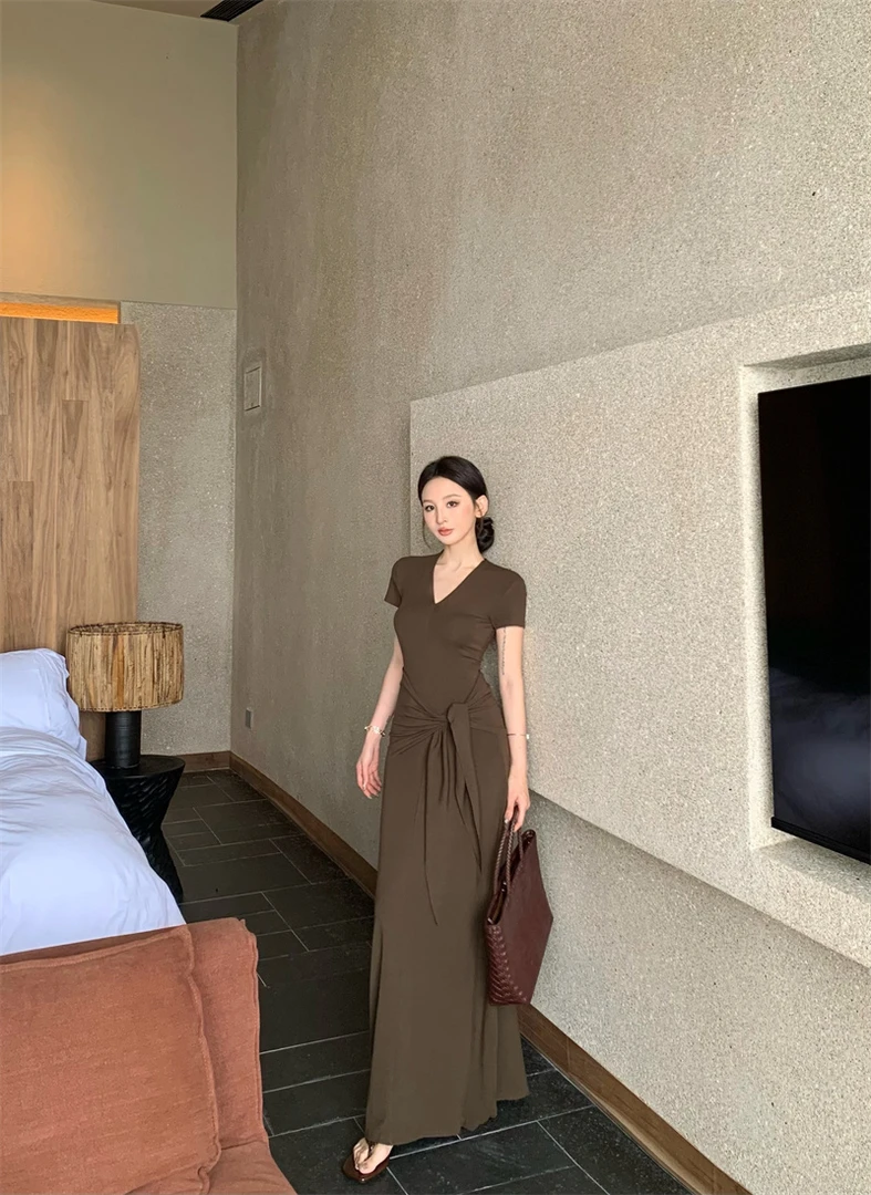 超辣复古上身气质修身显瘦短袖连衣长裙配腰带#22729