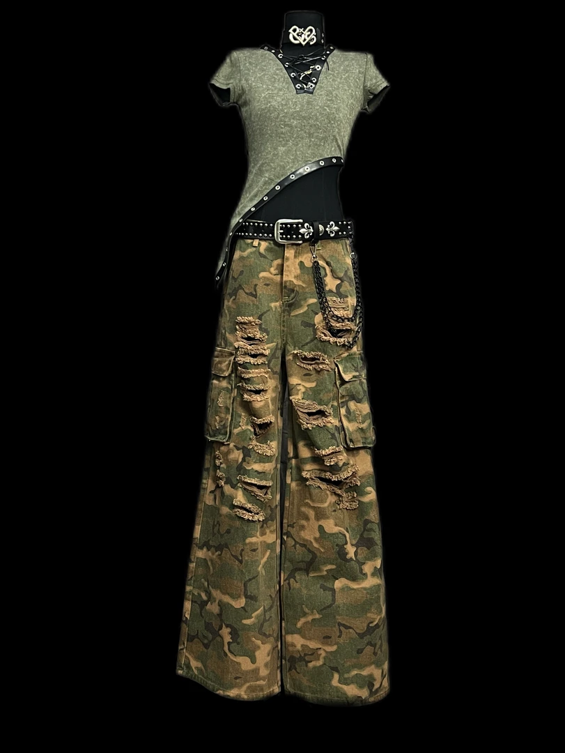 DAJI【迷彩风暴】末日沙丘废土磨破工装裤水洗牛仔设计辣妹斜肩上衣