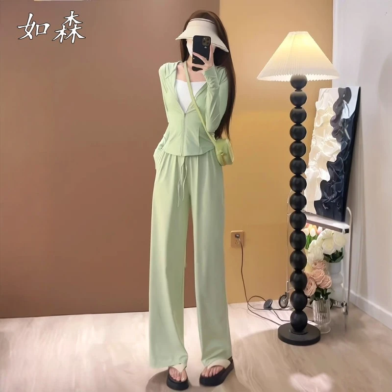 茶系穿搭一整套冰丝防晒衣运动套装女夏季显瘦时尚修身休闲 两件