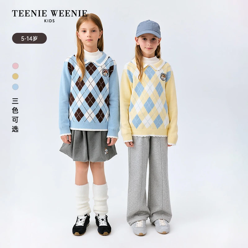 TeenieWeenie Kids小熊童装25秋冬翻领菱格套头毛衣TKKW258T45N