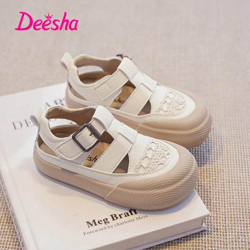 笛莎2025夏季刺绣圆头凉鞋百搭防滑舒适软底魔术贴女童鞋