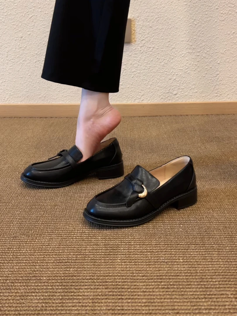 Pokoy-3.5cm单鞋英伦褶皱橡胶粗跟时尚圆头秋季乐福鞋