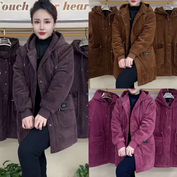 中老年妈妈冬季连帽条绒加厚保暖宽松休闲大码女装棉服外套洋气