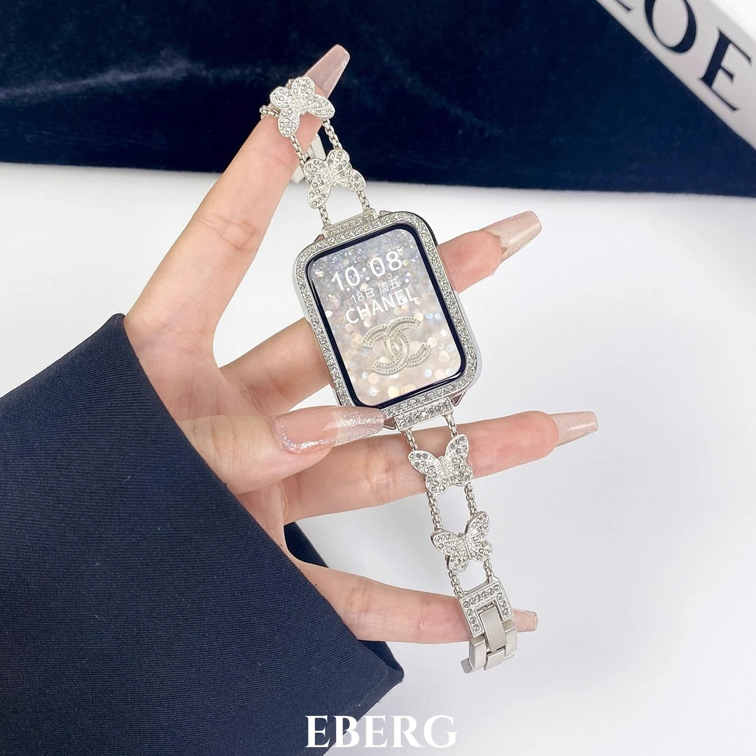 适用小米手环9pro闪钻蝴蝶金属表带红米watch5/6女款8pro手表腕带