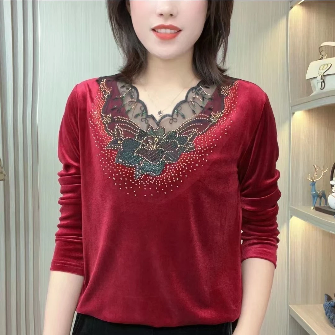 2025秋季新款气质妈妈装金丝绒打底衫中老年女春秋装恤洋气蕾丝上