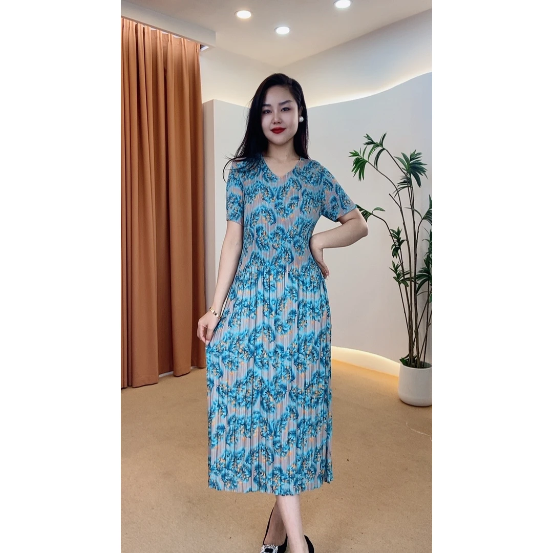 808号女装复古夏季气质优雅印花连衣裙显瘦气质大摆裙中长款时尚