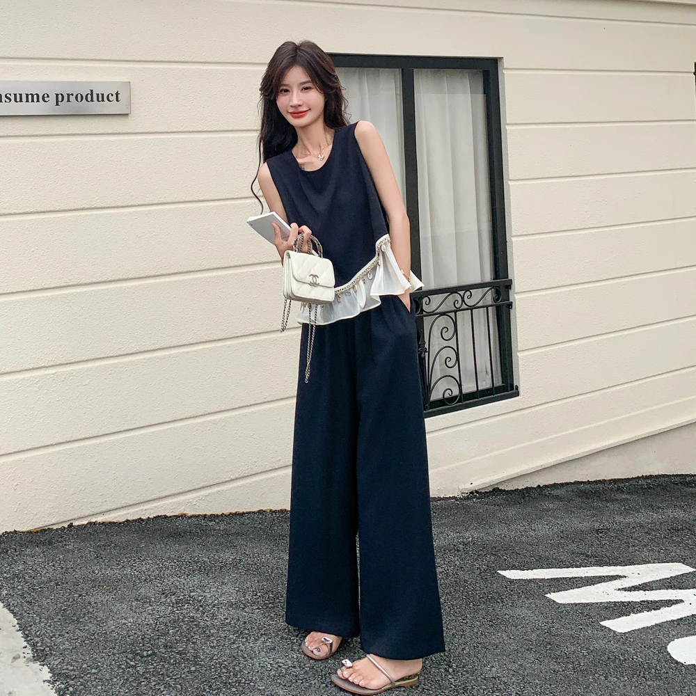 法式洋气衣服女撞色拼接无袖背心休闲裤套装显瘦又酷又飒两件套