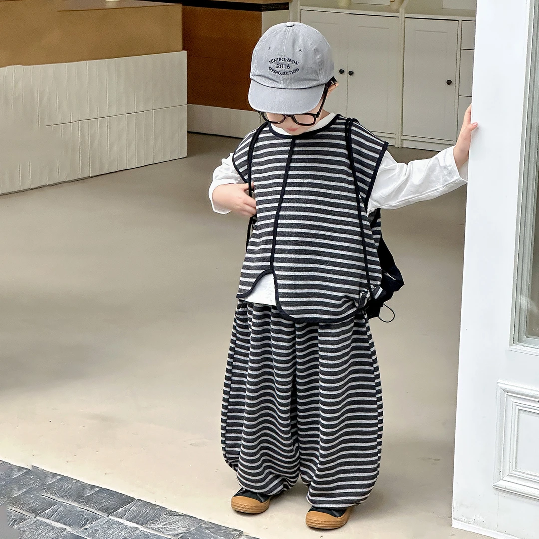 儿童装男童秋装条纹马甲套装2025新款洋气男孩帅气宝宝韩版三件套