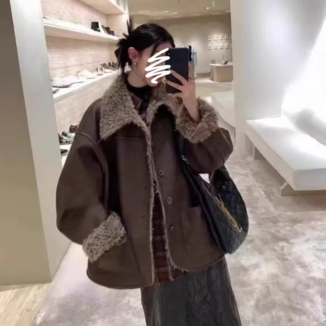 双面穿环保皮毛一体外套女中长款冬季2024款羊羔毛毛加厚复古外套