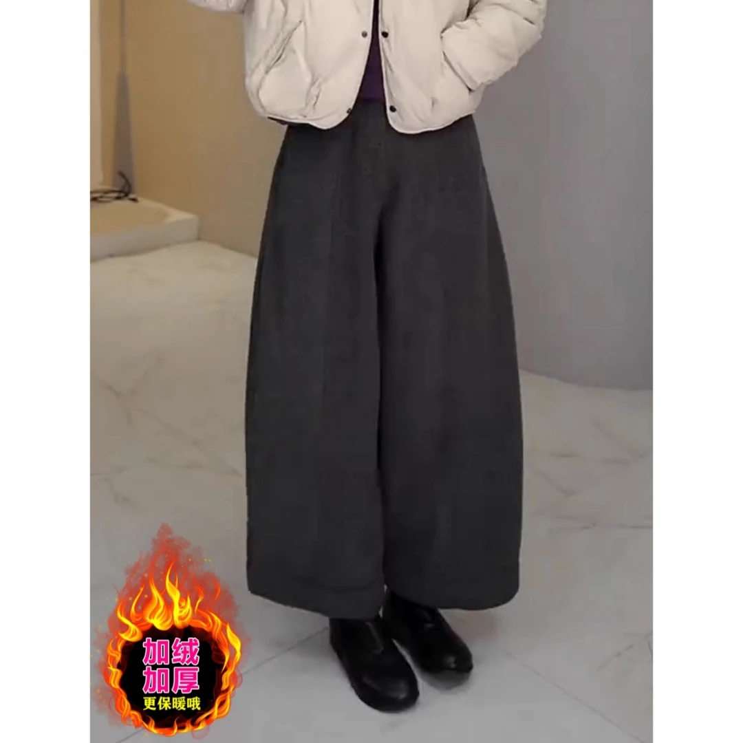 加绒加厚保暖阔腿裤女2025新款冬季复古宽松显瘦百搭垂感毛呢裤子