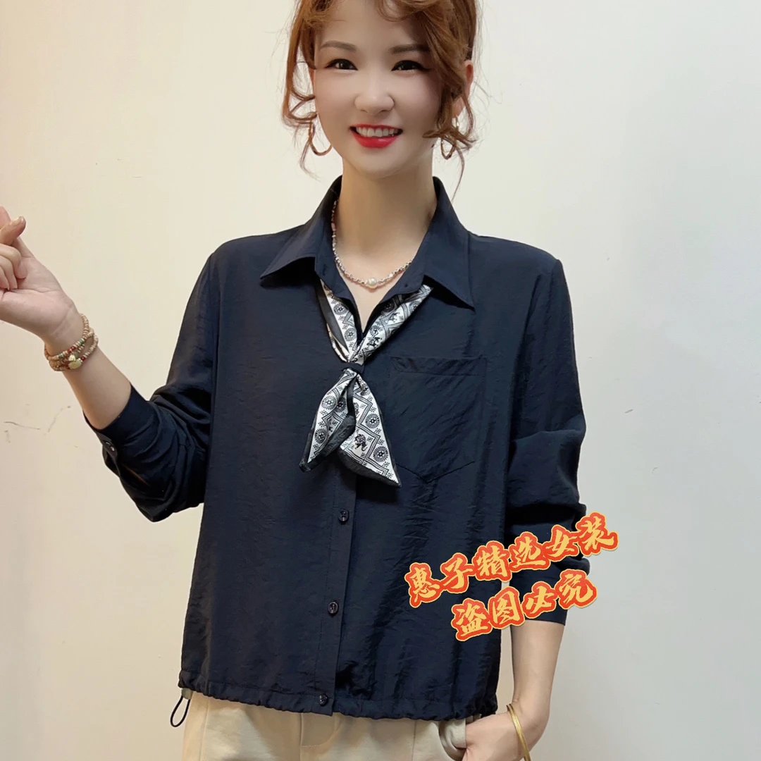秋季新款时尚设计感女士衬衫休闲显瘦配丝巾减龄学院风长袖上衣