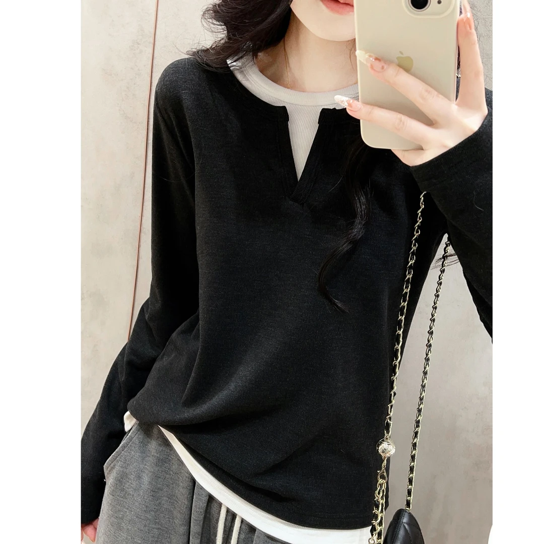 欧货设计感假两件T恤衫女款春秋装圆领时尚显瘦正肩长袖上衣拼接