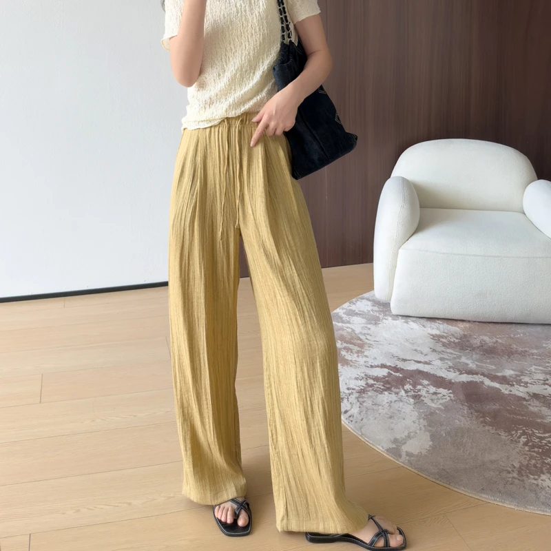 慵懒调性~艺术晕染垂坠滑爽宽松阔腿裤女麻感直筒裤子拖地休闲裤