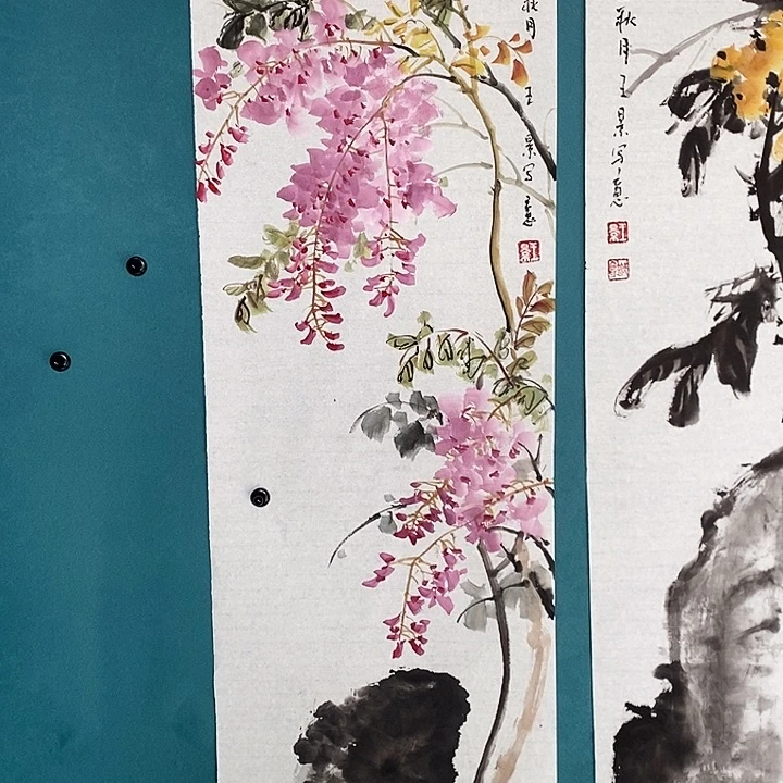 国画王景四尺对开花鸟作品