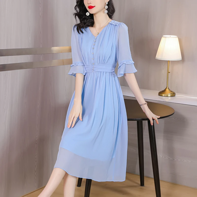 蓝色连衣裙夏装女2025新款高端国际高级感长裙子