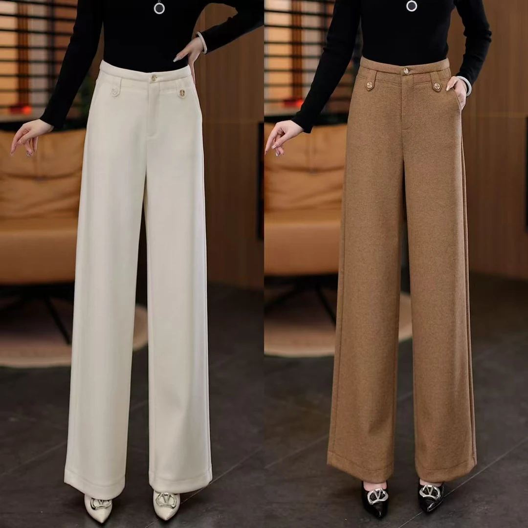 桑蚕丝羊毛窄版阔腿裤百搭显瘦高腰柔软秋冬直筒裤轻奢气质女裤
