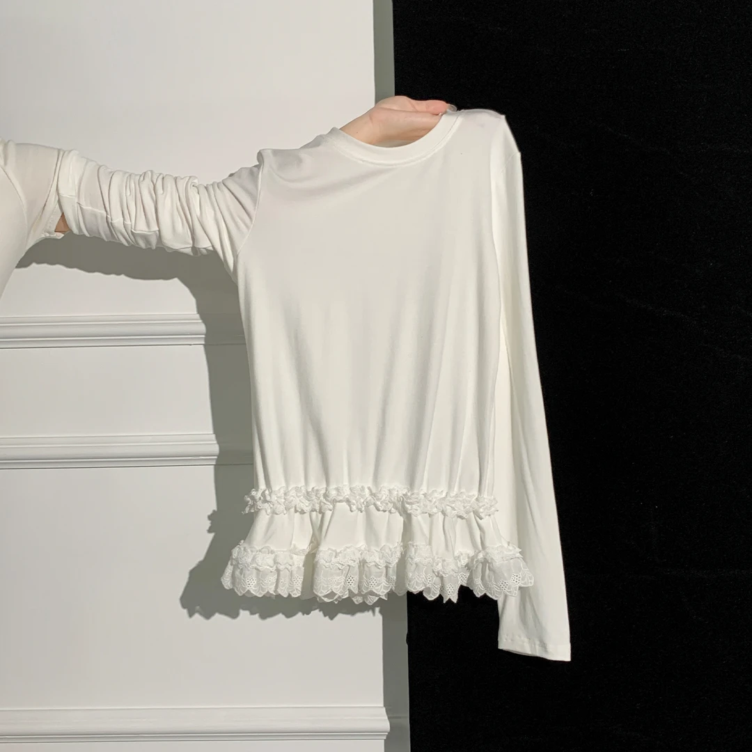 2025秋季新款修身显瘦甜美上衣芭蕾风蕾丝拼接花边下摆长袖T恤女
