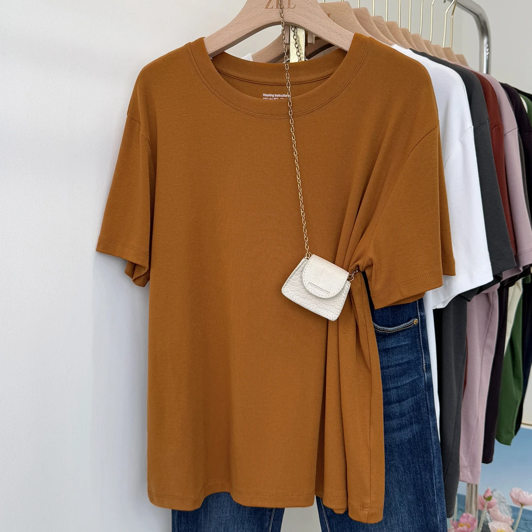 简约弹力圆领体恤2025夏季不挑人短袖宽松显瘦套头休闲宽松上衣女
