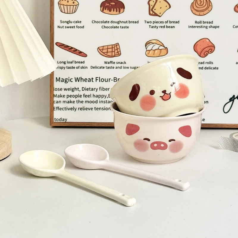 奶fufu小猪小狗陶瓷碗吃饭碗耐高温釉下彩家用喝汤碗甜品碗2碗2勺