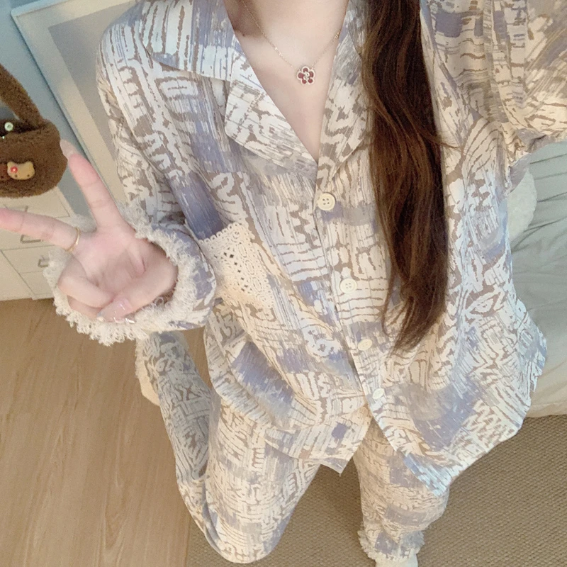 2025春秋新款云朵棉带胸垫两件套睡衣女长袖复古风家居服套装外穿