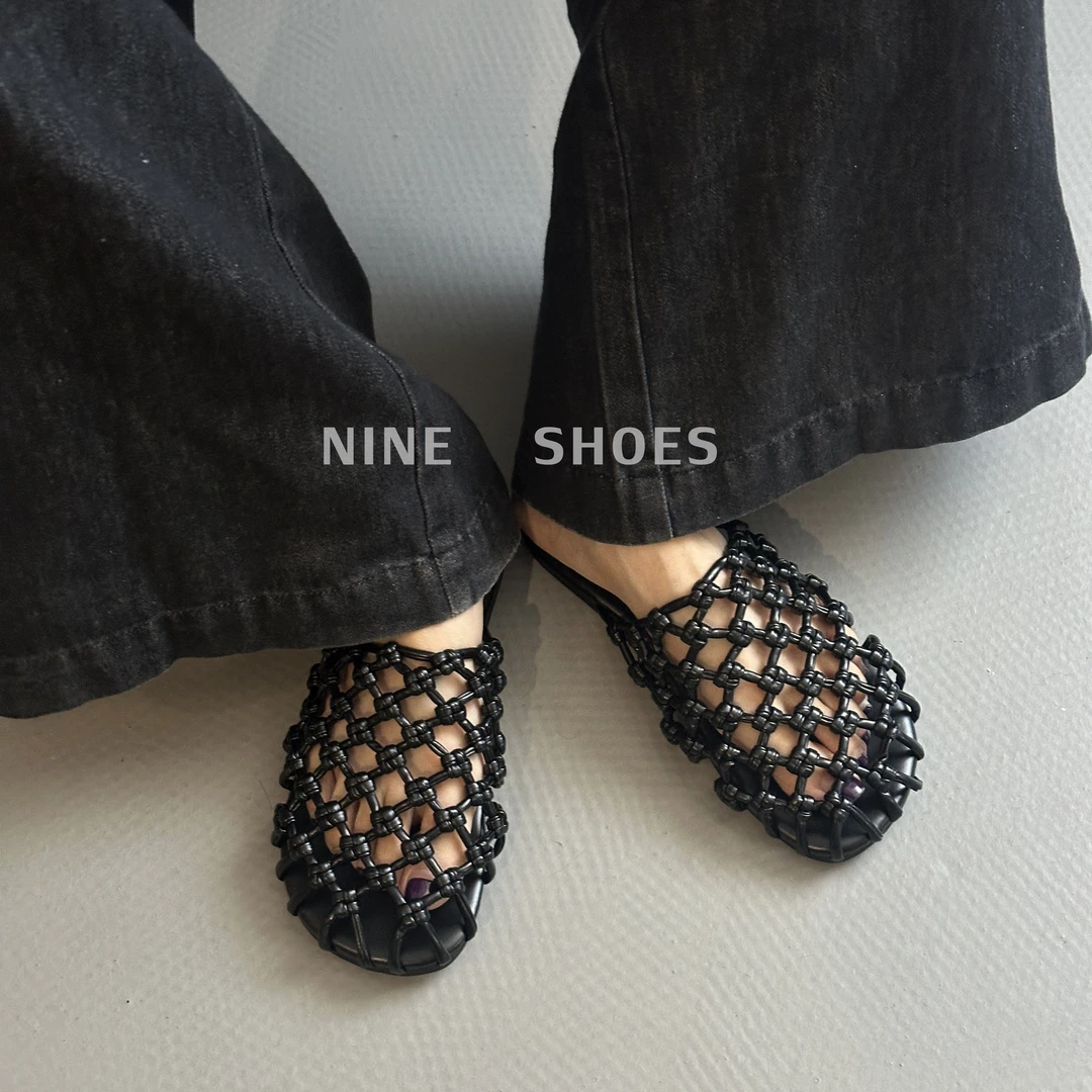 软底包头时尚凉拖编织休闲ins包头拖平底纯色镂空夏季外穿