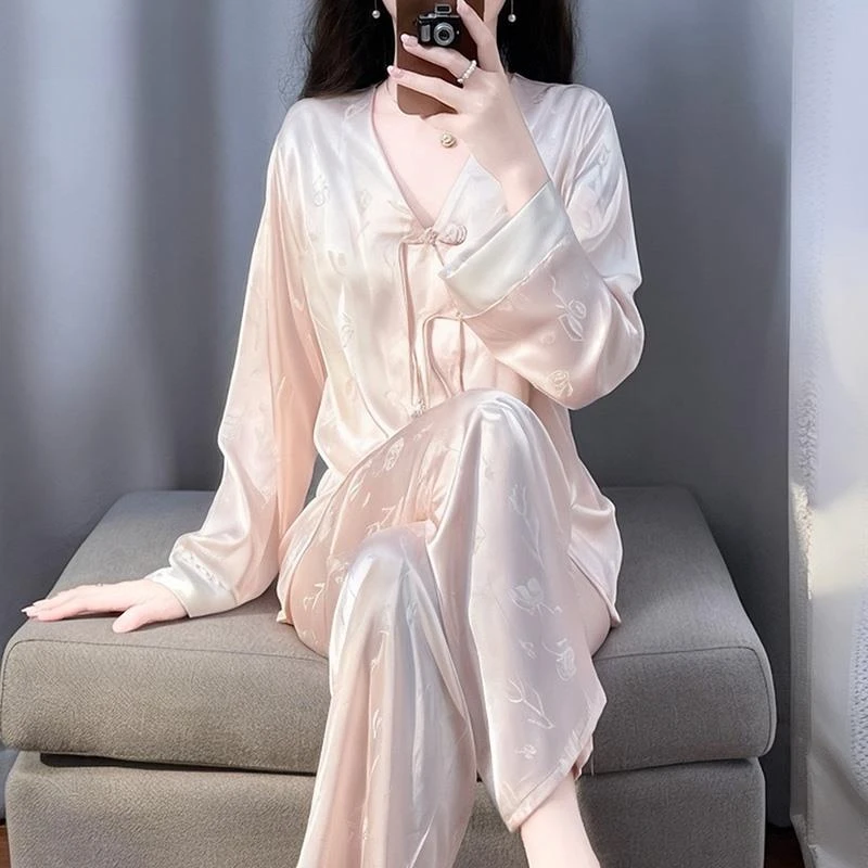 维多利亚冰丝水光绸新中式国风睡衣女士春秋季长袖家居服高档套装