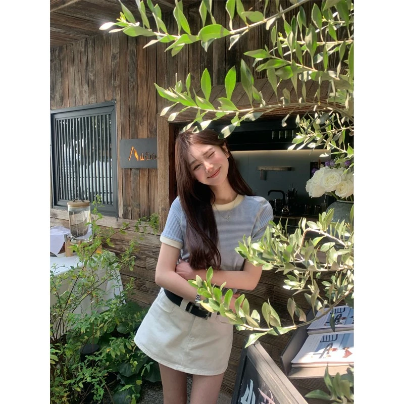 Peaceonesoul韩系条纹撞色正肩短袖T恤女设计感小个子ins上衣