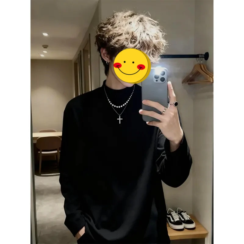 黑色半高领德绒打底衫男冬季潮牌穿搭卫衣美式重磅cleanfit打底衫
