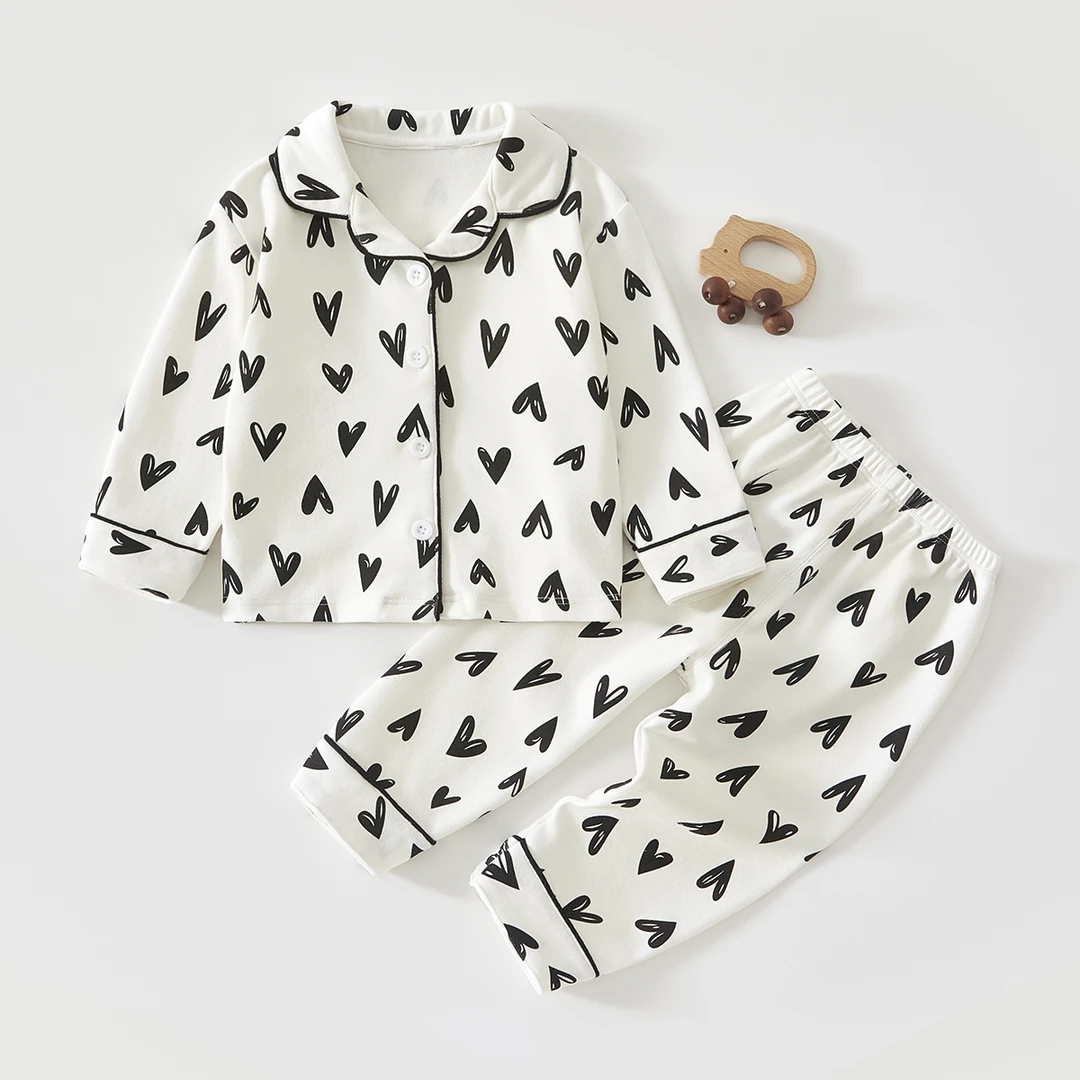 黑桃爱心秋冬婴童双面纯棉家居服套装A类睡衣ins风中大童长袖长裤